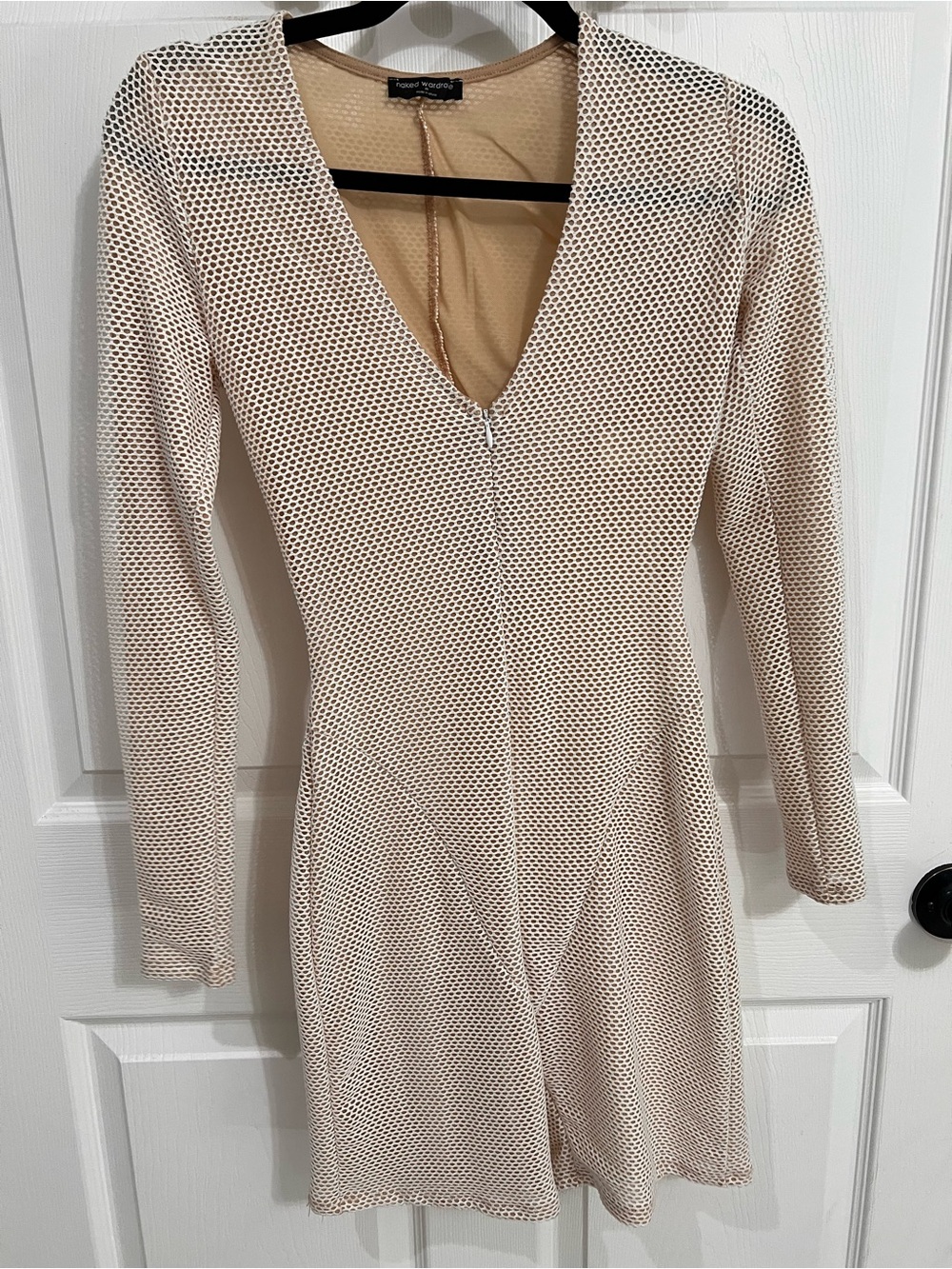 Beige Mesh Long-Sleeve V-Neck jumpsuit